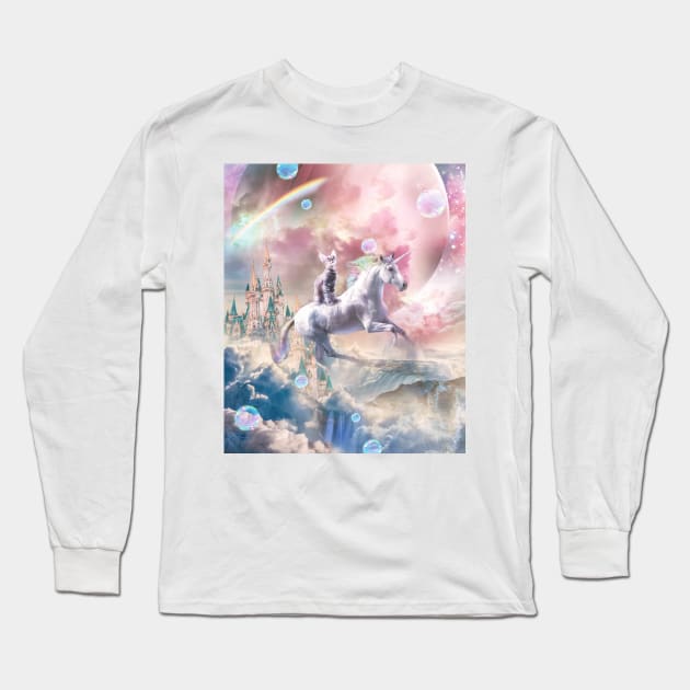 Rainbow Galaxy Cat Riding Unicorn In Space Long Sleeve T-Shirt by Random Galaxy